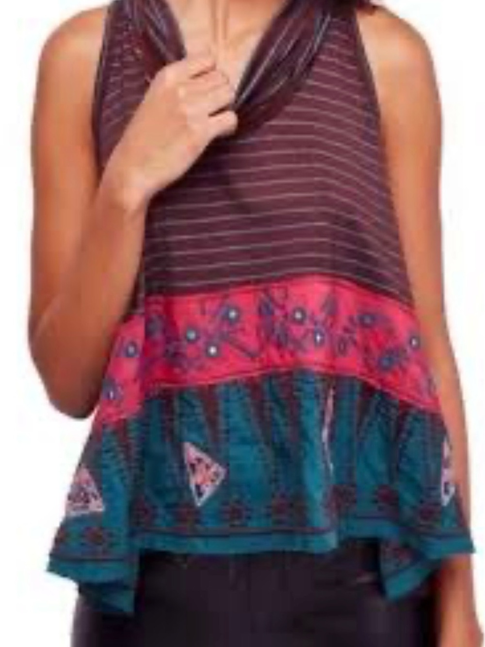 Free People Brown Striped Cowl-Neck Tank with Red and Teal Tiers
